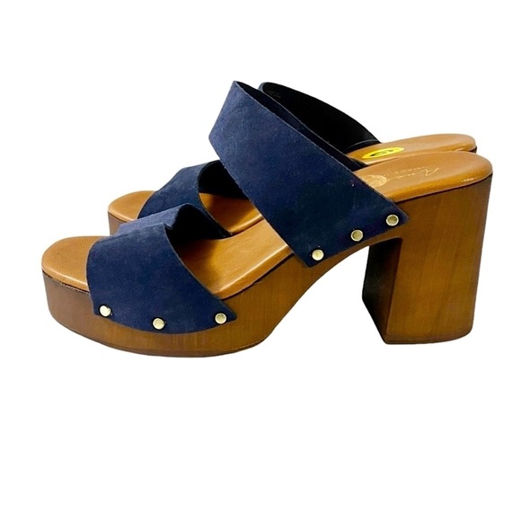 NEW Avelinni Italian navy suede double strap block heel slide sandals - Picture 2 of 7